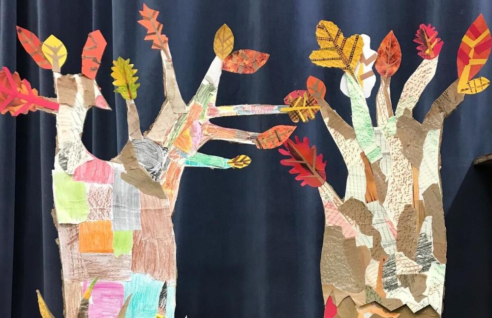 Collaged fall trees made of student artwork from Egremont Elementary School
