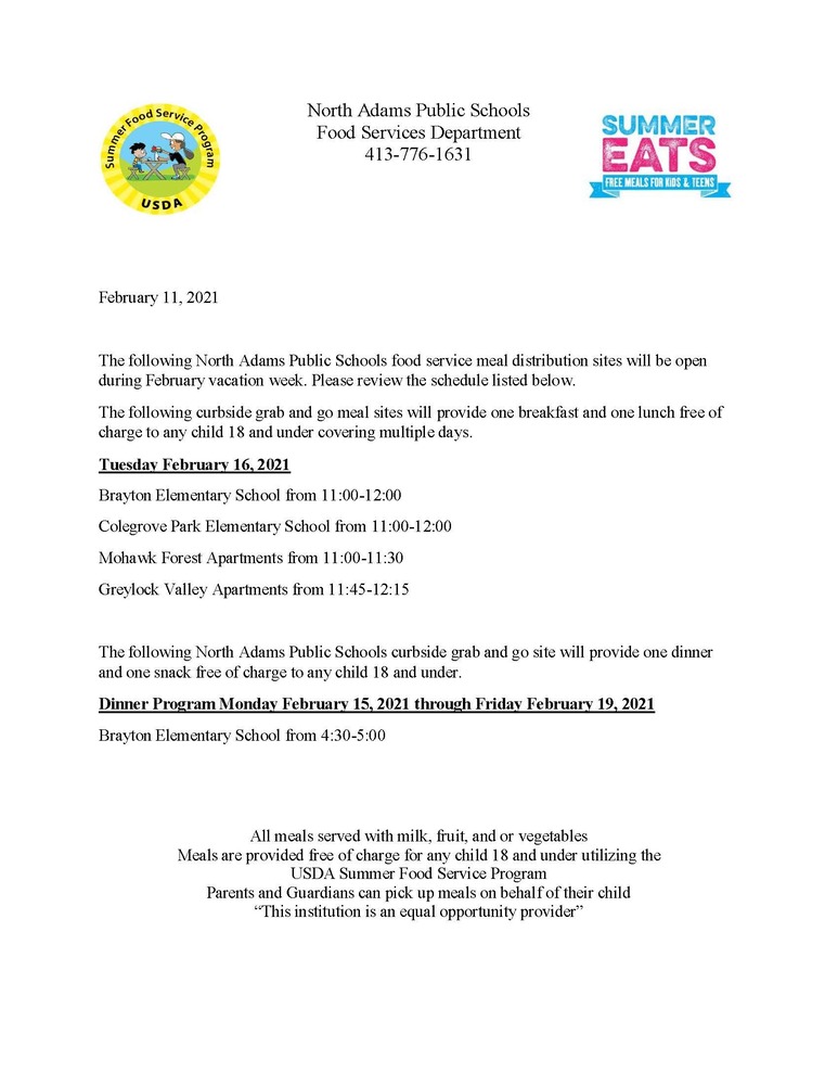 Food Services: February Vacation and In-Classroom Menus
