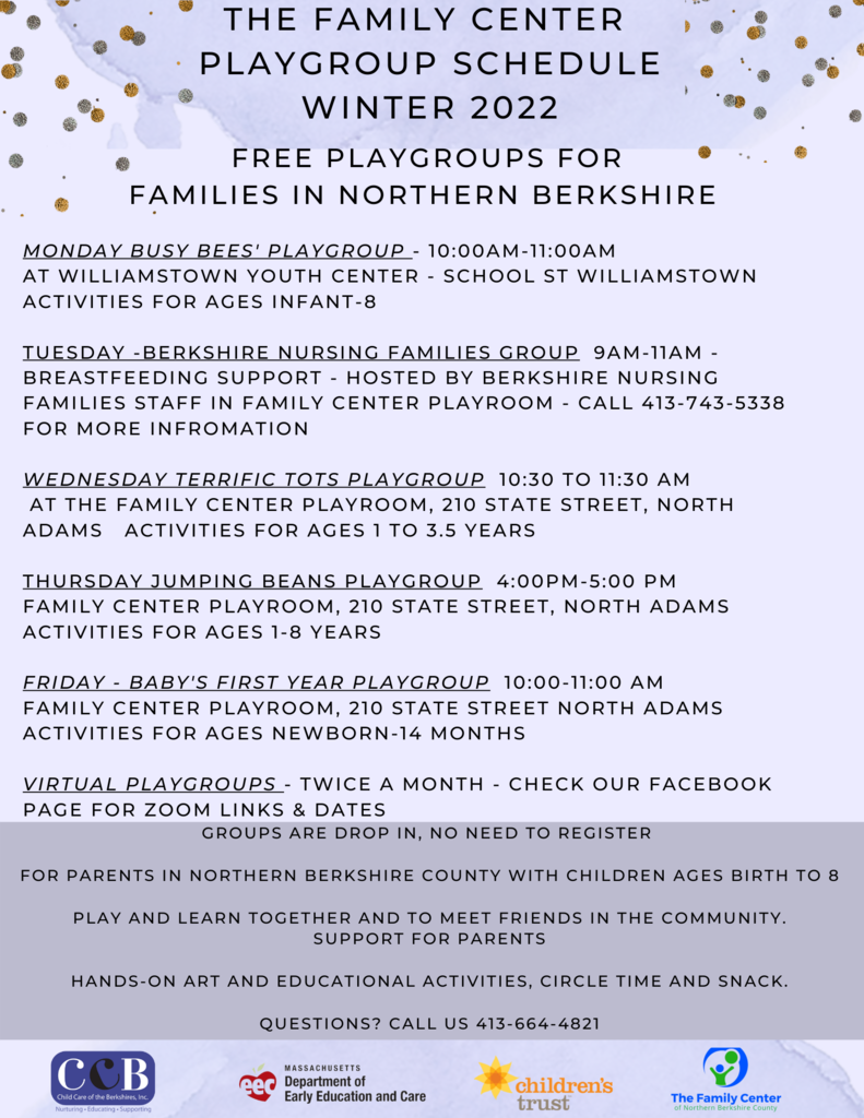 The Family Center Playgroup Winter 2022 Schedule 